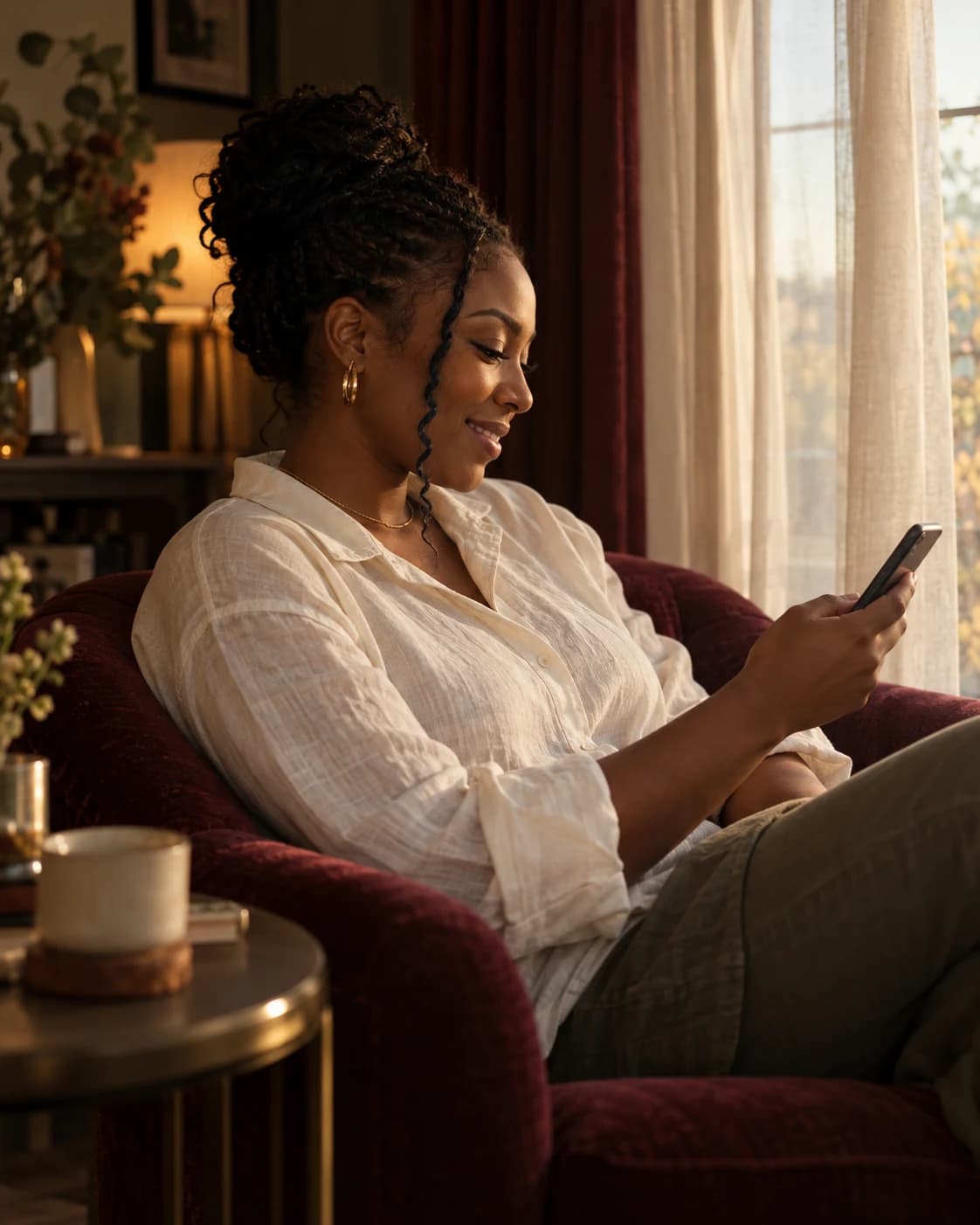 Editorial illustration of an adult woman enjoying a message in the afternoon light
